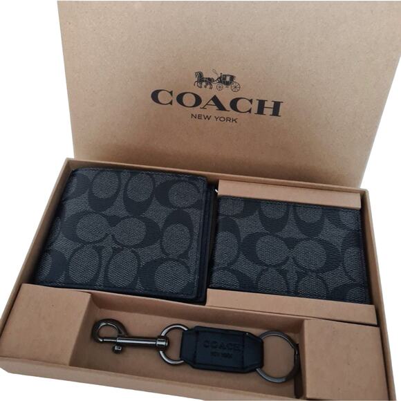 COACH MEN'S 3 IN 1 WALLET BOXED GIFT SET IN SIGNATURE CANVAS BLACK/BLACK/OXBLOOD - Picture 4 of 9
